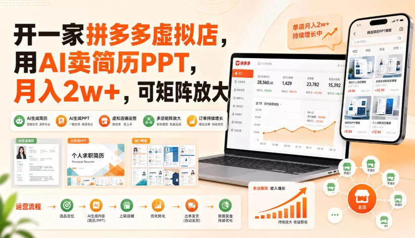 开一家拼多多虚拟店，用AI卖简历PPT，月入2w+，可矩阵放大【揭秘】-33资源网