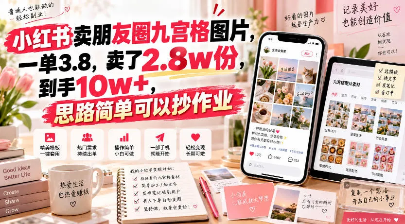 小红书卖朋友圈九宫格图片，一单3.8，卖了2.8w份，到手10w+，思路简单可以抄作业-33资源网