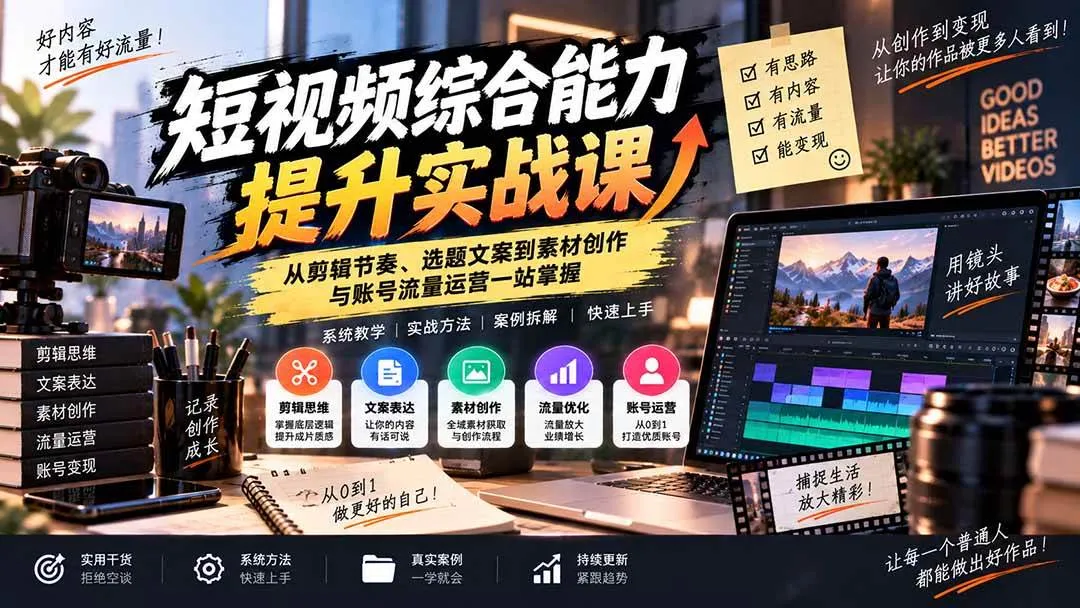 （20599期）短视频综合能力提升实战课：从剪辑节奏、选题文案到素材创作与账号流量运营一站掌握-33资源网