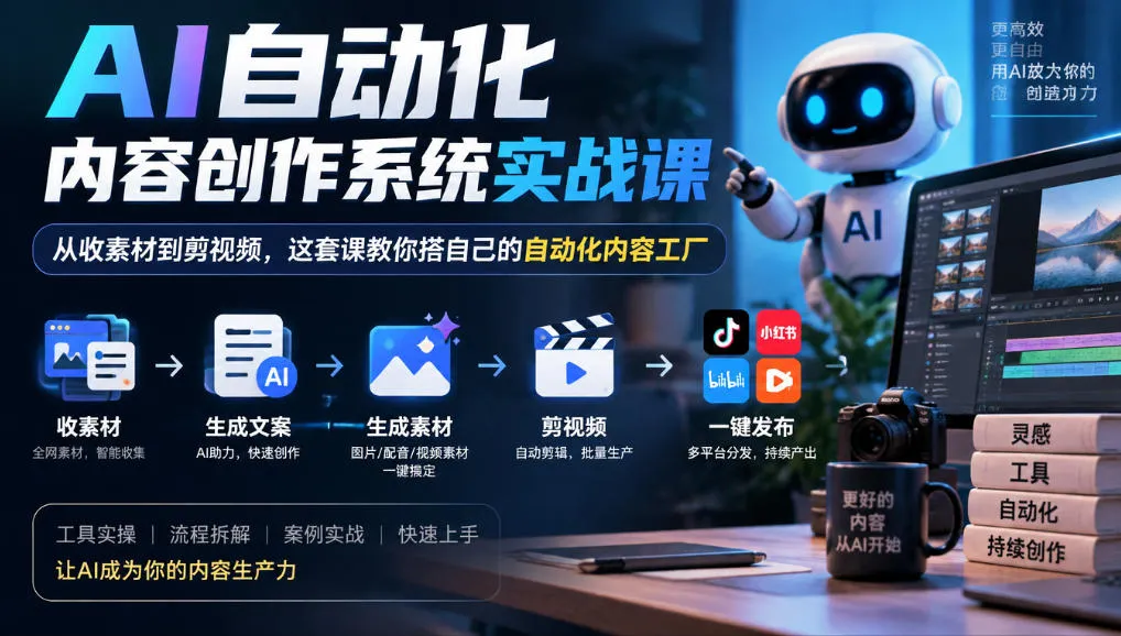 AI自动化内容创作系统实战课,从收素材到剪视频,这套课教你搭自己的自动化内容工厂-33资源网