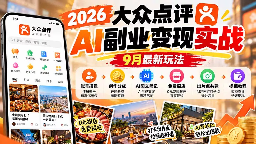 2026大众点评AI副业变现实战9月最新玩法：账号搭建+创作分成+AI图文笔记+免费探店+出片点共建与提现教程-33资源网