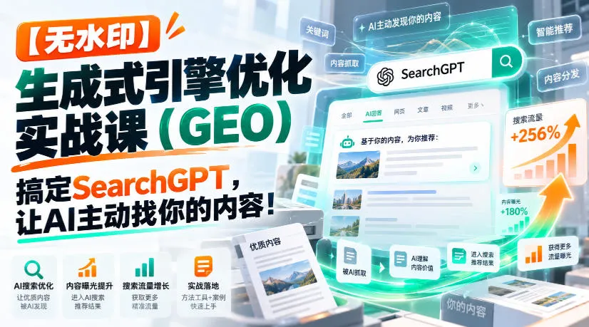 【无水印】生成式引擎优化(GEO)实战课:搞定SearchGPT,让AI主动找你的内容!【原创双语字幕】-33资源网