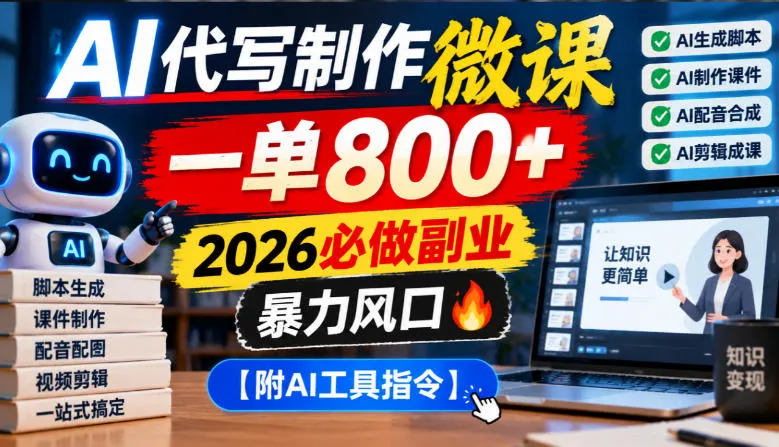 AI代写制作微课,一单800+,2026必做副业,暴力风口【附AI工具指令】【揭秘】-33资源网