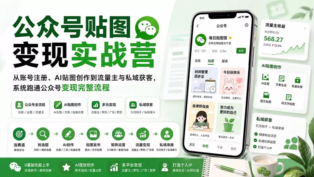 公众号贴图变现实战营：从账号注册、AI贴图创作到流量主与私域获客，系统跑通公众号变现完整流程-33资源网