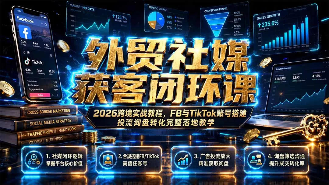 外贸社媒获客闭环课|2026跨境实战教程,FB与TikTok账号搭建投流询盘转化完整落地教学-33资源网