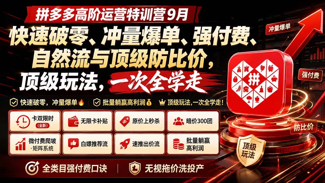 拼多多高阶运营特训营9月:快速破零、冲量爆单、强付费、自然流与顶级防比价, 顶级玩法,一次全学走-33资源网