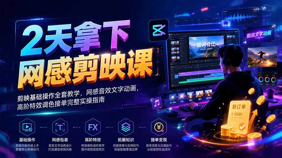 2天拿下网感剪辑课|剪映基础操作全套教学,网感音效文字动画,高阶特效调色接单完整实操指南-33资源网