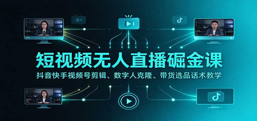 短视频无人直播掘金课:抖音快手视频号剪辑、数字人克隆、带货选品话术教学-33资源网