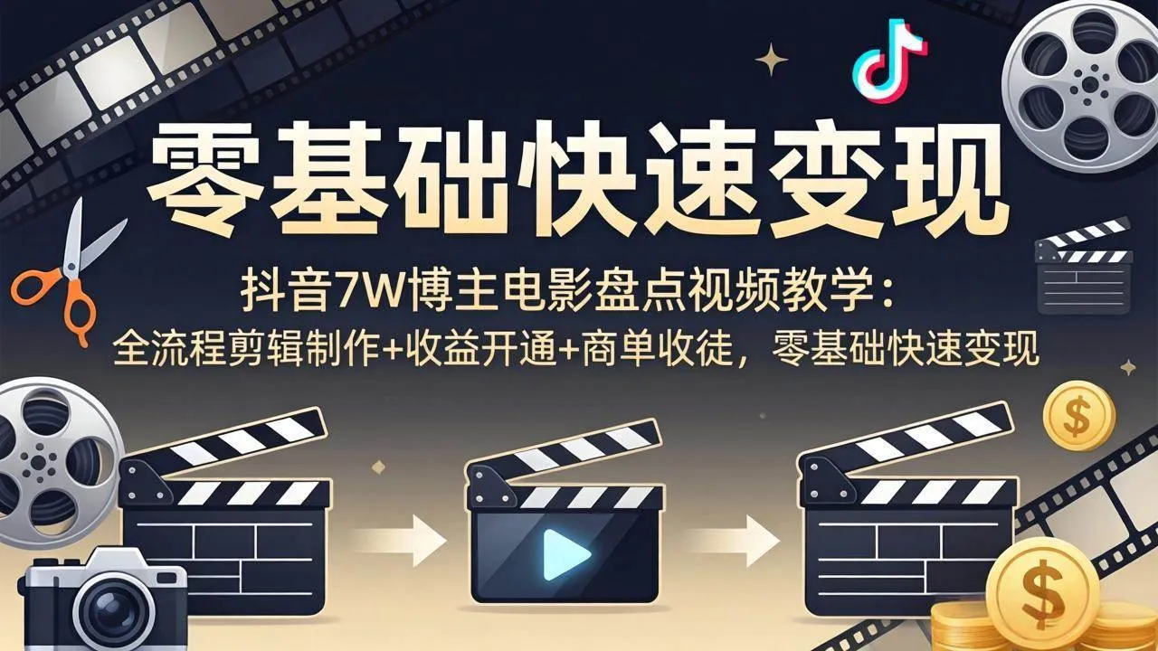 （18032期）抖音7W博主电影盘点视频教学：全流程剪辑制作+收益开通+商单收徒，零基础快速变现-33资源网