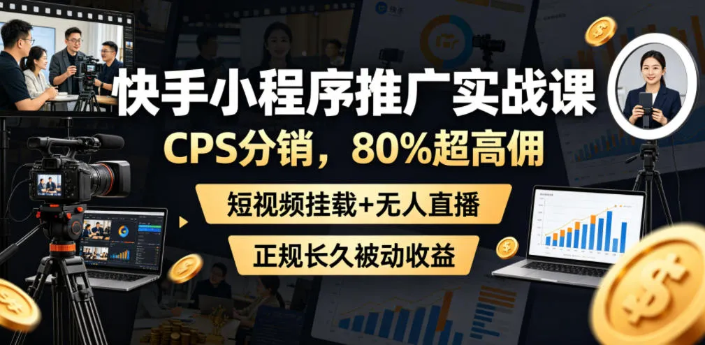 快手小程序推广实战课，CPS分销，80%超高佣，短视频挂载+无人直播，正规长久被动收益-33资源网