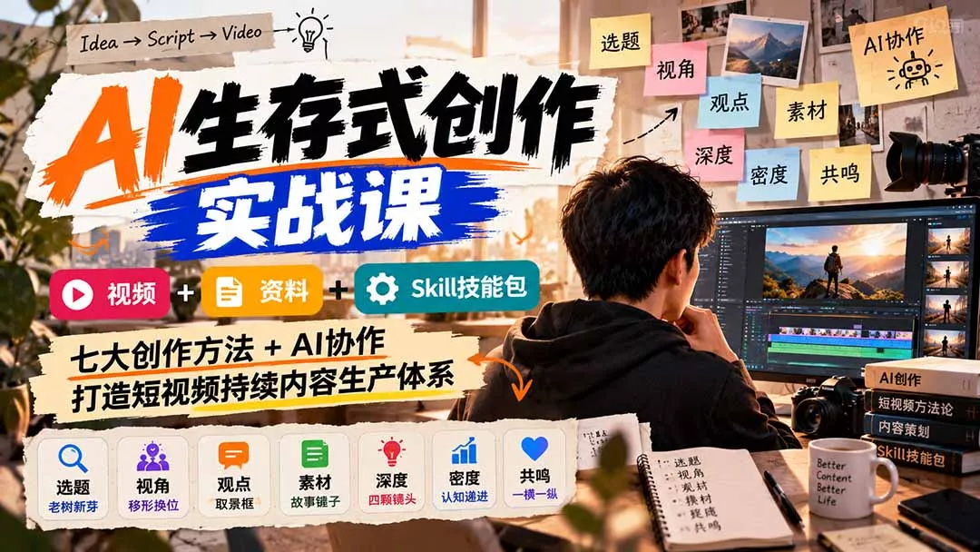 AI生存式创作实战课：视频+资料+Skill技能包，七大创作方法+AI协作，打造短视频持续内容生产体系-33资源网
