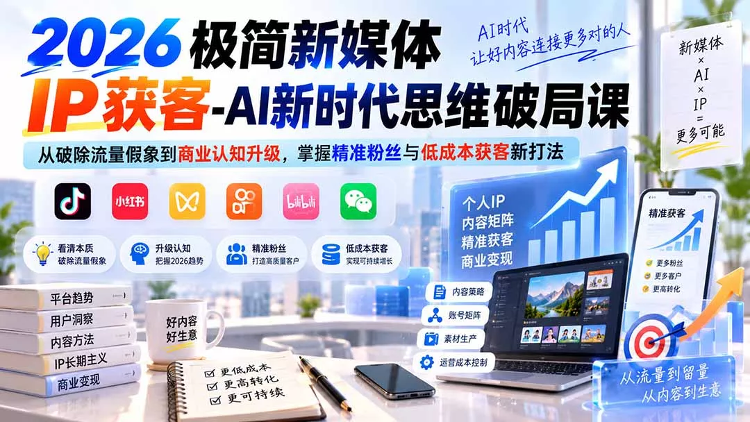 2026极简新媒体IP获客-AI新时代思维破局课：从破除流量假象到商业认知升级，掌握精准粉丝与低成本获客新打法-33资源网