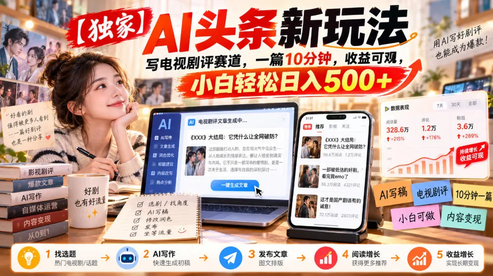 【独家】AI头条新玩法,写电视剧评赛道,一篇10分钟,收益可观,小白轻松日入500+-33资源网