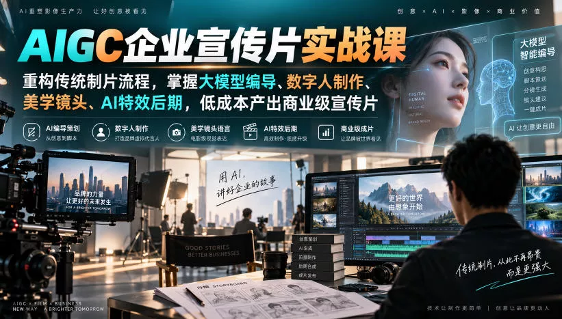 AIGC企业宣传片实战课,重构传统制片流程,掌握大模型编导、数字人制作、美学镜头、AI特效后期,低成本产出商业级宣传片-33资源网