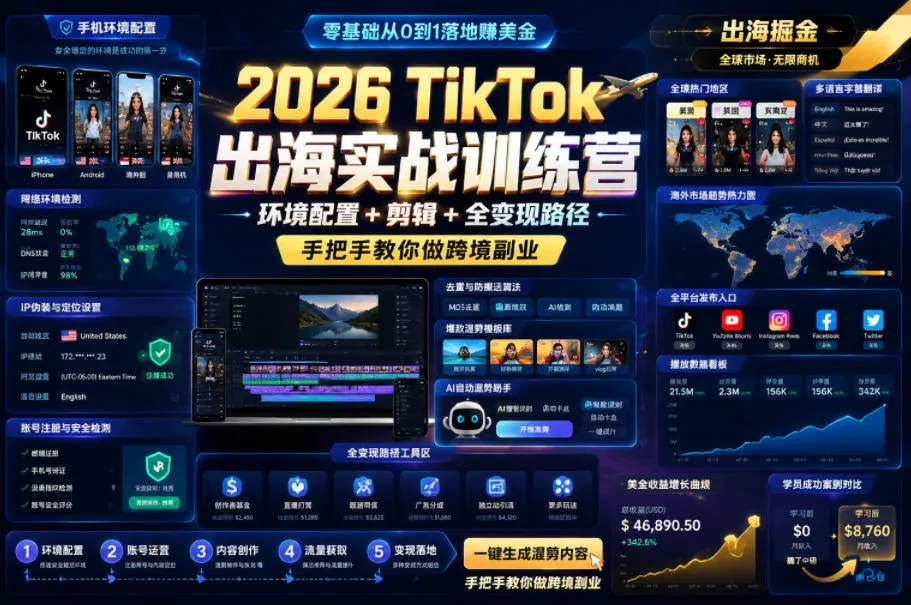 2026 TikTok出海实战训练营，环境配置 + 剪辑 + 全变现路径，手把手教你做跨境副业-33资源网