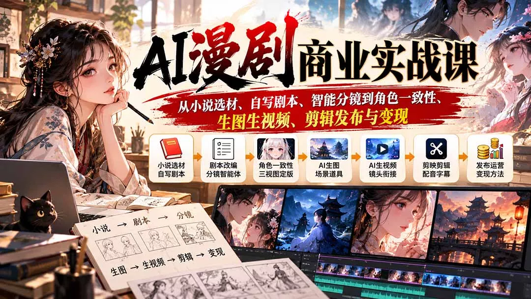 AI漫剧商业实战课:从小说选材、自写剧本、智能分镜到角色一致性、生图生视频、剪辑发布与变现-33资源网