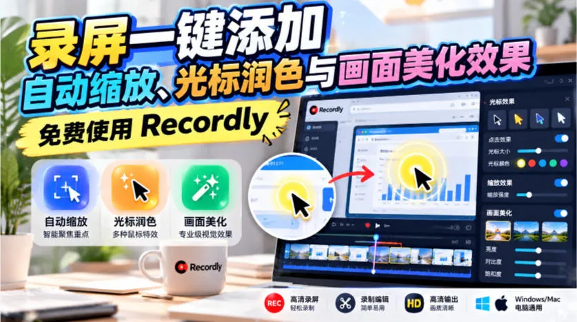 录屏一键添加自动缩放、光标润色与画面美化效果,免费使用Recordly-33资源网