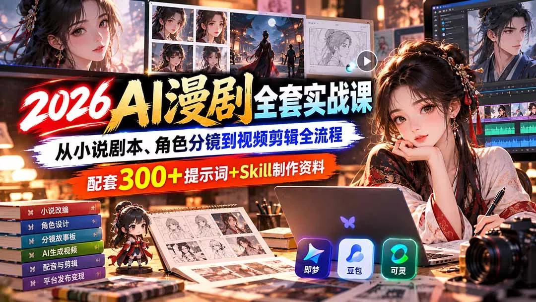 【无水印】2026AI漫剧全套实战课:从小说剧本、角色分镜到视频剪辑全流程,配套300+提示词+Skill制作资料-33资源网