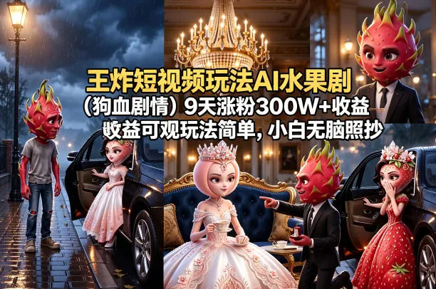 王炸短视频玩法AI水果剧(狗血剧情)9天涨粉300W+收益可观玩法简单，小白无脑照抄，详细拆解玩法-33资源网