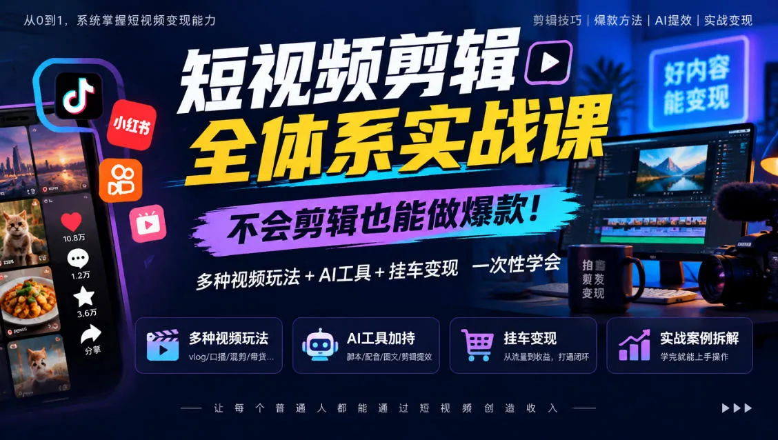 短视频剪辑全体系实战课，不会剪辑也能做爆款，多种视频玩法+AI工具+挂车变现一次性学-33资源网