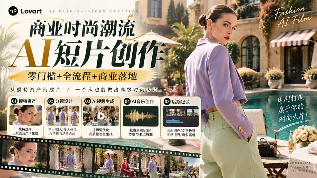 从一张模特图到高级时尚广告大片：AI三视图资产、场景合成、电影分镜、动态生成与复古音乐剪辑实战课-33资源网