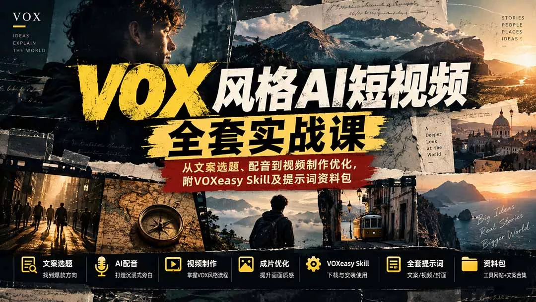 【无水印】VOX风格AI短视频全套实战课：从文案选题、配音到视频制作优化，附VOXeasy Skill及提示词资料包-33资源网