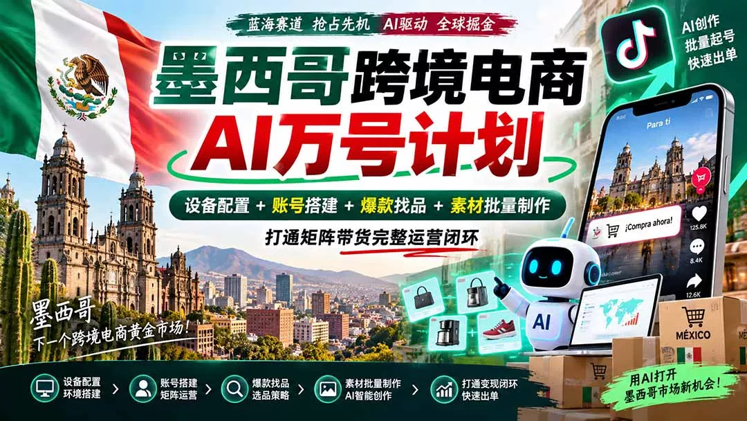 墨西哥AI跨境电商万号计划|设备配置+账号搭建+爆款找品+素材批量制作,打通矩阵带货完整运营闭环-33资源网
