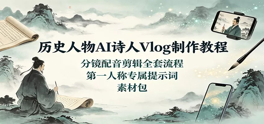 历史人物AI诗人Vlog制作教程：分镜配音剪辑全套流程，第一人称专属提示词素材包-33资源网