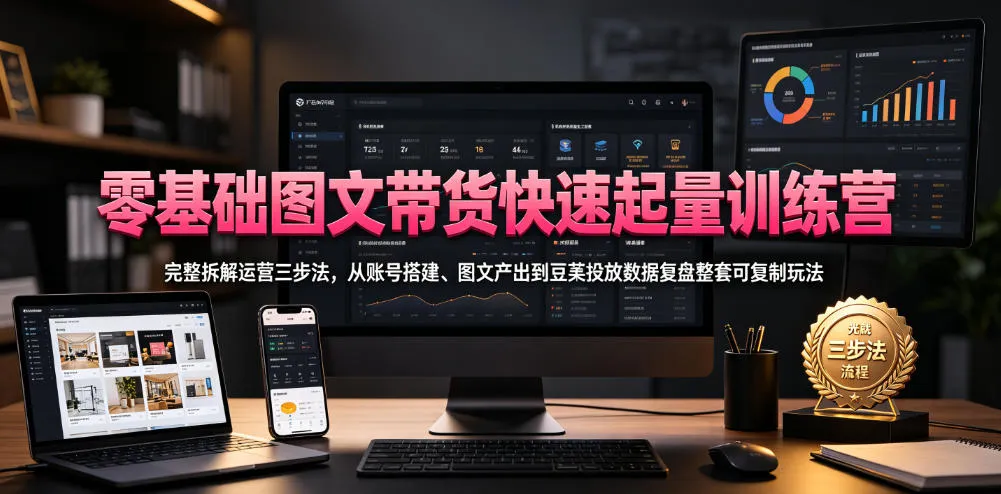 零基础图文带货快速起量训练营,完整拆解运营三步法,从账号搭建、图文产出到豆荚投放数据复盘整套可复制玩法-33资源网