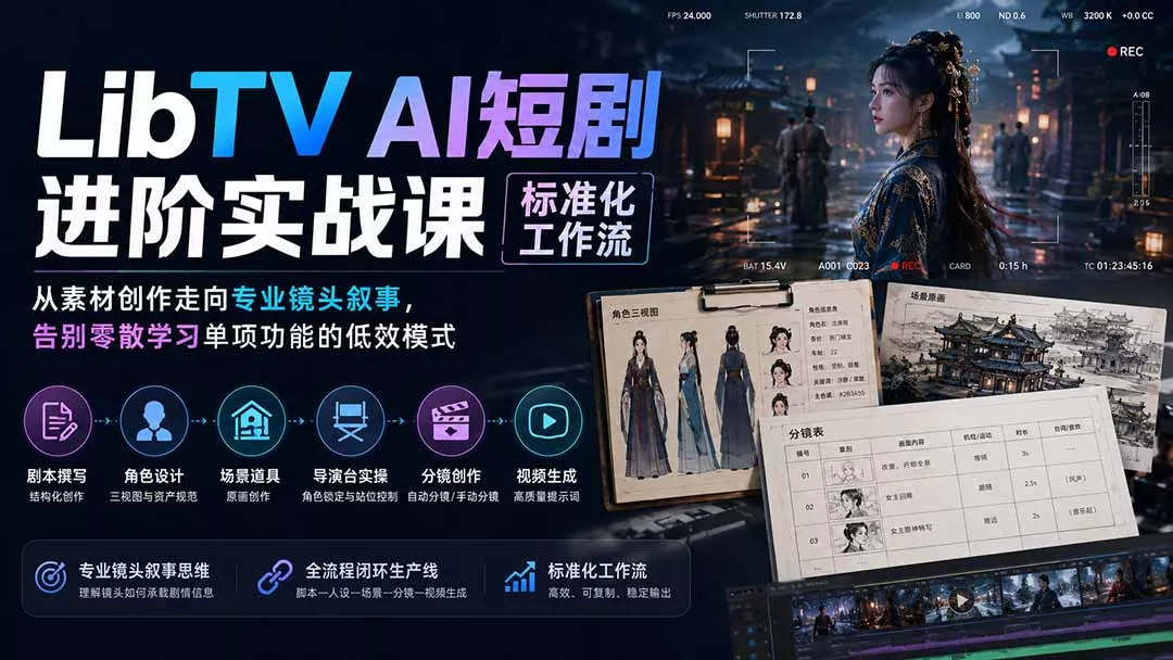LibTV AI短剧进阶实操课标准化工作流；从素材创作走向专业镜头叙事，告别零散学习单项功能的低效模式-33资源网