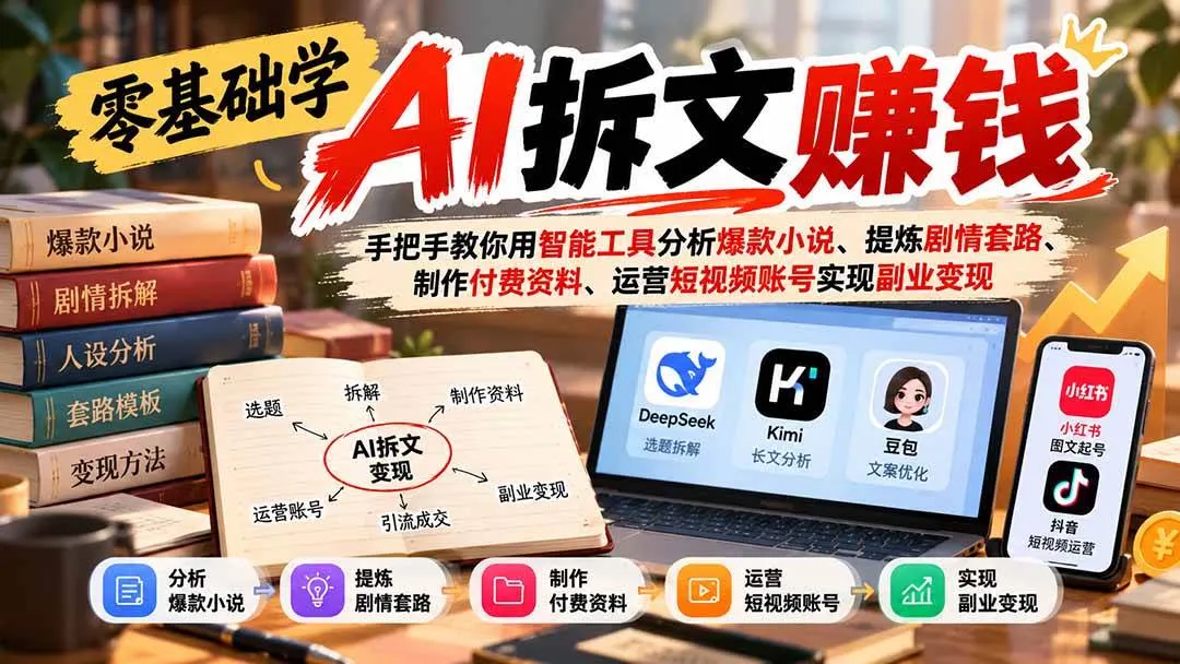 (21030期)零基础学AI拆文赚钱:手把手教你用智能工具分析爆款小说、提炼剧情套路、制作付费资料、运营短视频账号实现副业变现-33资源网