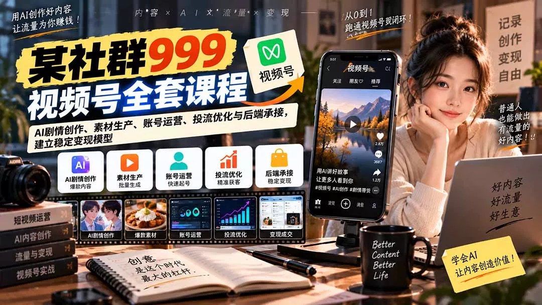 【无水印】某社群999视频号全套课程：AI剧情创作、素材生产、账号运营、投流优化与后端承接，建立稳定变现模型-33资源网