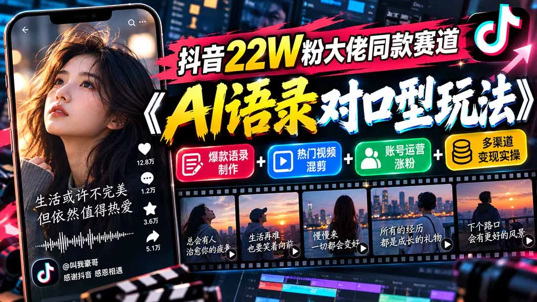 抖音22W粉大佬同款赛道《AI语录对口型玩法》:爆款语录制作+热门视频混剪+账号运营涨粉+多渠道变现实操 抖音22W粉大佬同款赛道《AI语录对口型玩法》:爆款语录制作+热门视频混剪+账号运营涨粉+多渠道变现实操
