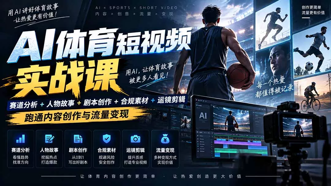 AI体育短视频赛道顶级玩法|赛道分析+人物故事+剧本创作+版权处理+运镜剪辑,跑通流量变现-日赚1K+-33资源网