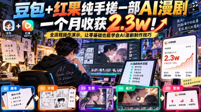豆包+红果纯手搓一部AI漫剧一个月收获2.3w！全流程操作演示，让零基础也能学会AI漫剧制作技巧-33资源网