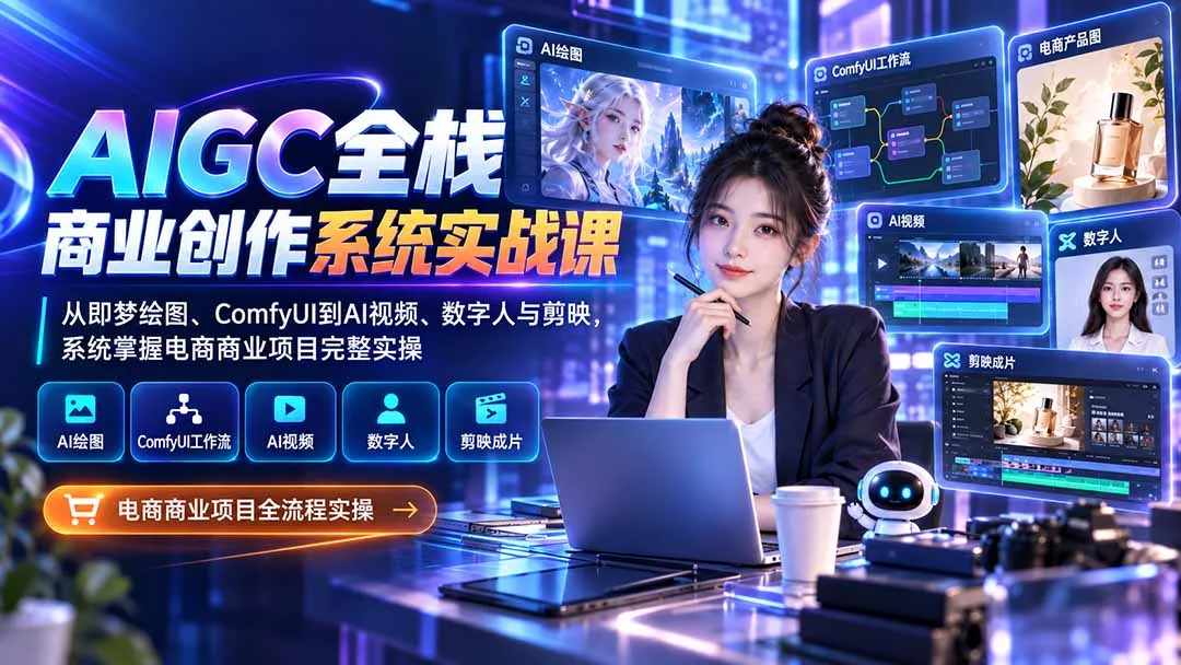 AIGC全栈商业创作系统实战课:从即梦绘图、ComfyUI到AI视频、数字人与剪映,系统掌握电商商业项目完整实操-33资源网