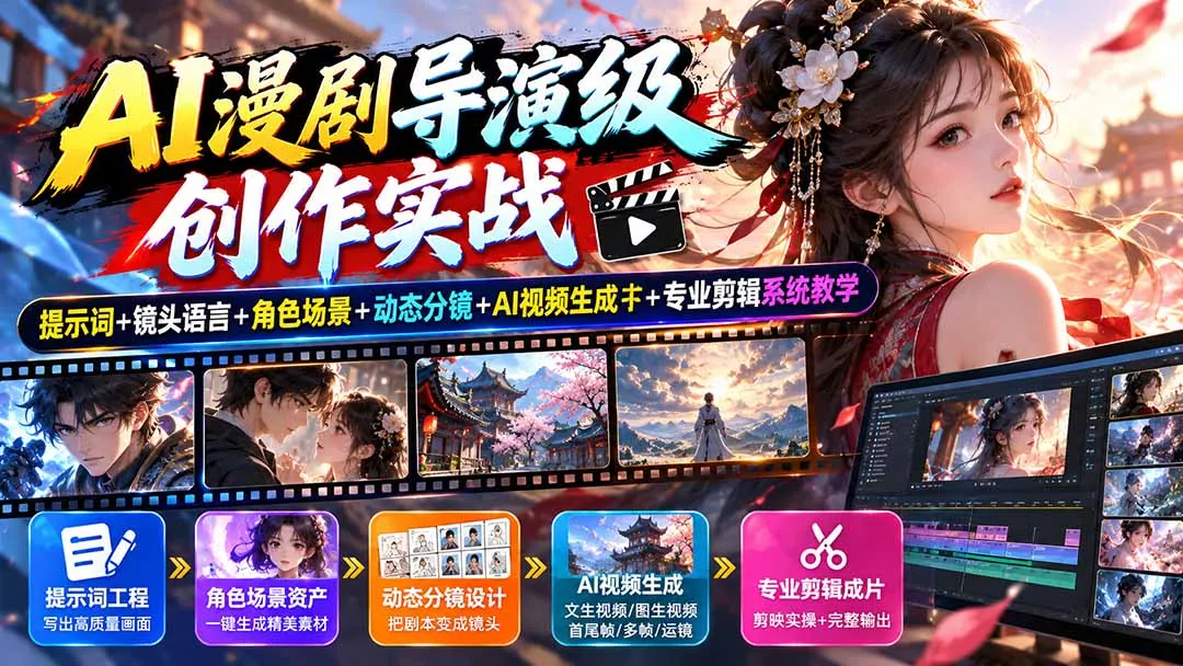 AI漫剧导演级创作实战:提示词+镜头语言+角色场景+动态分镜+AI视频生成+专业剪辑系统教学 AI漫剧导演级创作实战:提示词+镜头语言+角色场景+动态分镜+AI视频生成+专业剪辑系统教学