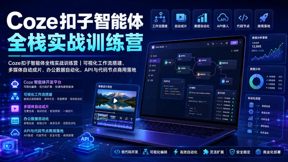 Coze扣子智能体全栈实战训练营|可视化工作流搭建、多媒体自动成片、办公数据自动化、API与代码节点商用落地-33资源网