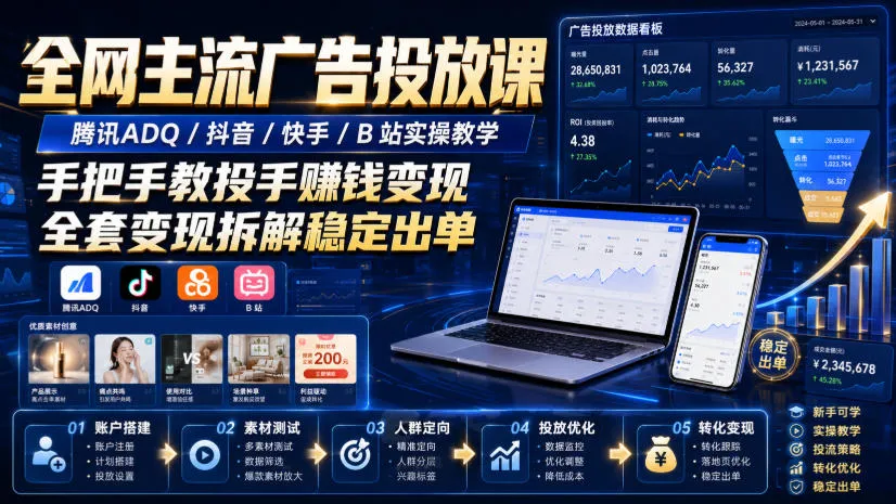 全网主流广告投放课，腾讯ADQ / 抖音 / 快手 / B 站实操教学，手把手教投手赚钱变现，全套变现拆解稳定出单-33资源网