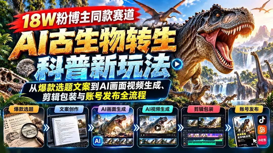 (20833期)18W粉博主同款赛道-AI古生物转生科普新玩法:从爆款选题文案到AI画面视频生成、剪辑包装与账号发布全流程-33资源网