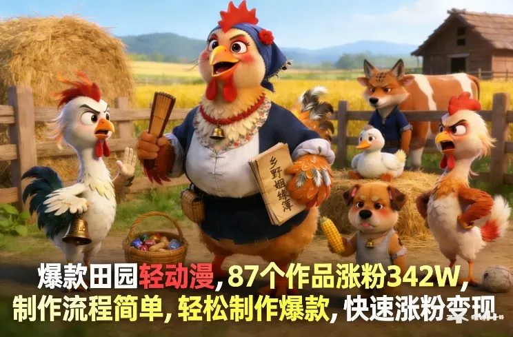 爆款田园轻动漫，87个作品涨粉342W，制作流程简单，轻松制作爆款，快速涨粉变现-33资源网