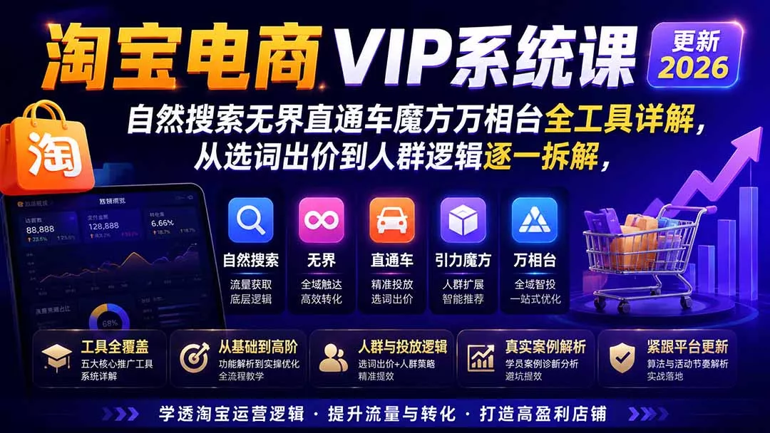 淘宝电商VIP系统课-更新8月；自然搜索无界直通车魔方万相台全工具详解，从选词出价到人群逻辑逐一拆解-33资源网