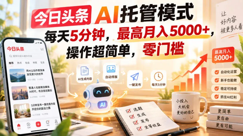 今日头条AI托管模式,每天5分钟,最高月入5000+,操作超简单,零门槛【揭秘】-33资源网