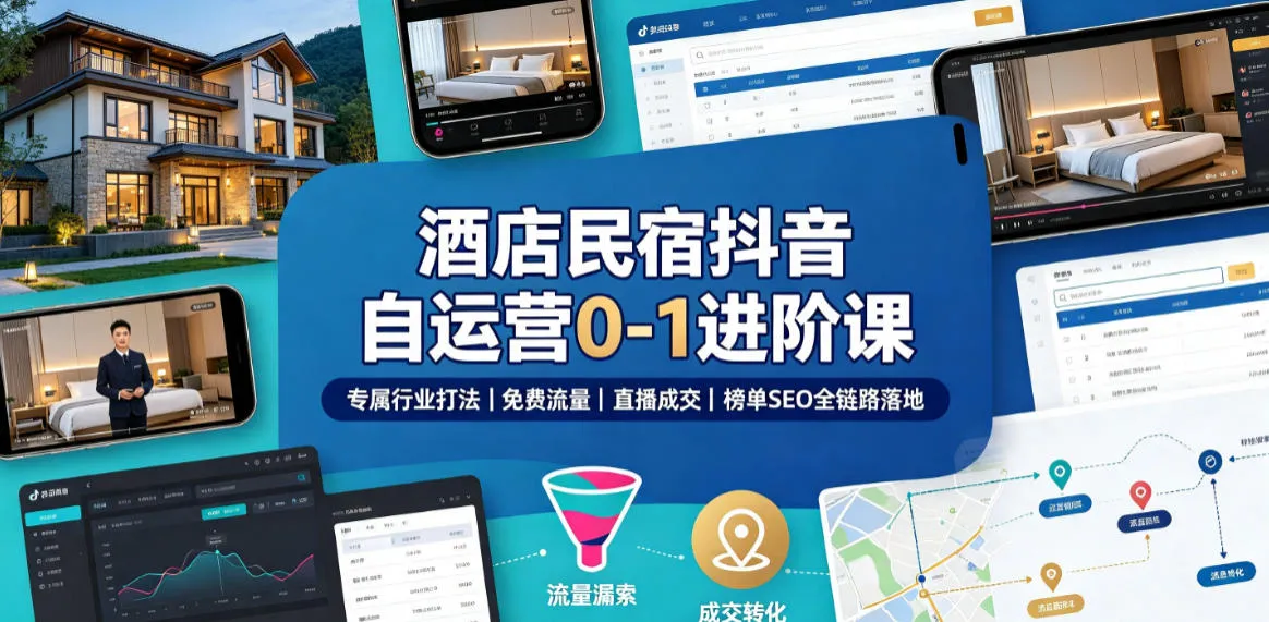 酒店民宿抖音自运营0-1进阶课｜专属行业打法、免费流量+直播成交+榜单SEO全链路落地-33资源网