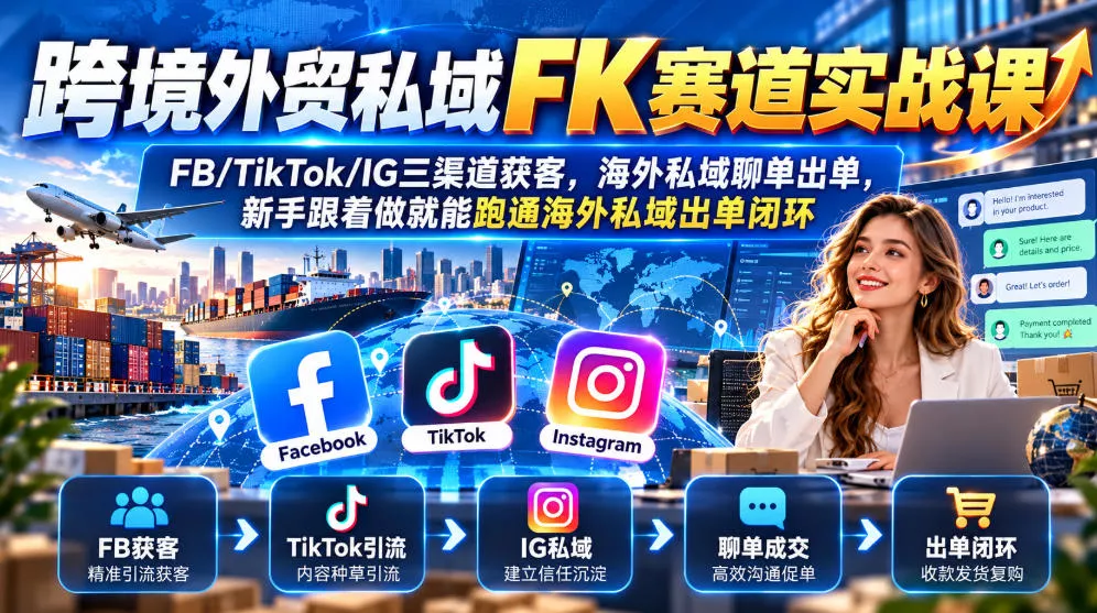 跨境外贸私域FK赛道实战课|FB/TikTok/IG三渠道获客,海外私域聊单出单,新手跟着做就能跑通海外私域出单闭环-33资源网