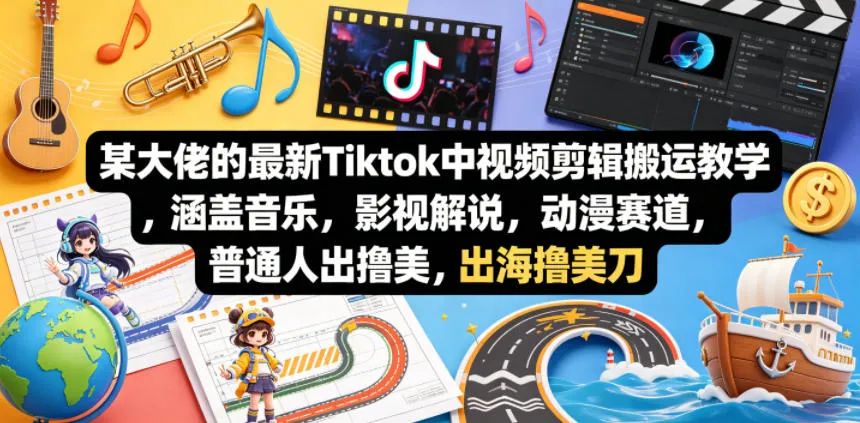 某大佬的最新Tiktok中视频剪辑搬运教学，涵盖音乐，影视解说，动漫赛道，普通人出海撸美刀-33资源网