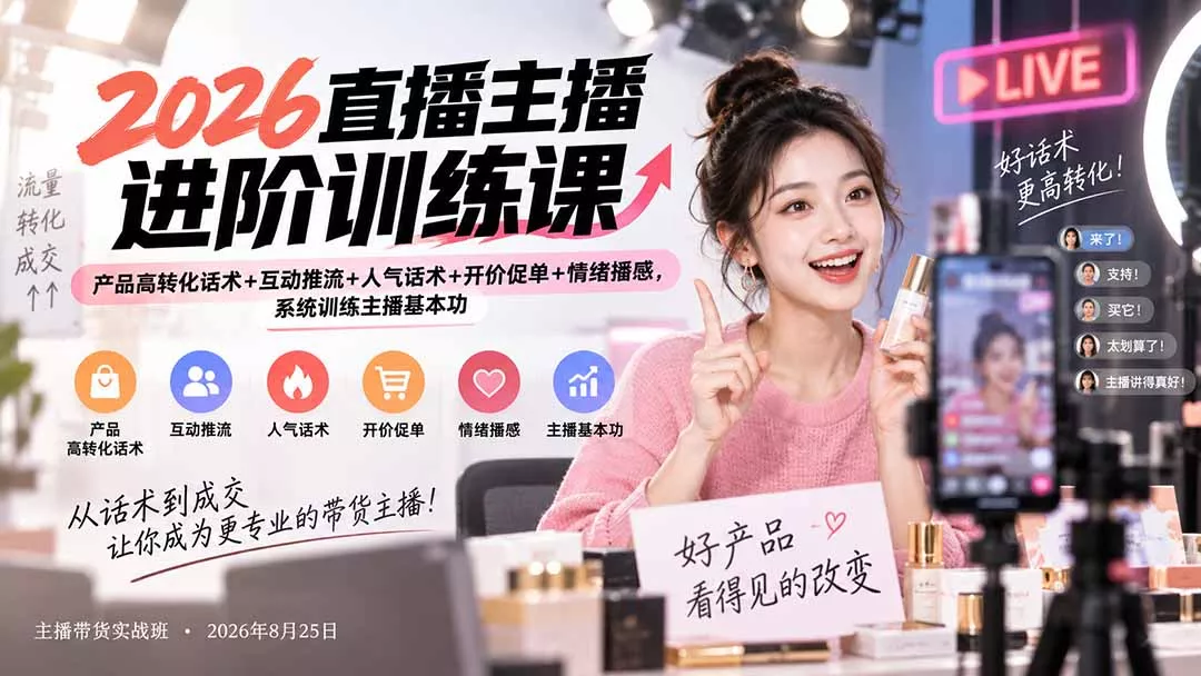 2026直播主播进阶训练课：产品高转化话术+互动推流+人气话术+开价促单+情绪播感，系统训练主播基本功-33资源网