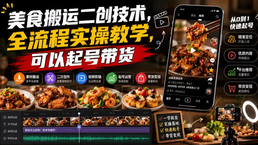 美食搬运二创技术,全流程实操教学,可以起号带货-33资源网
