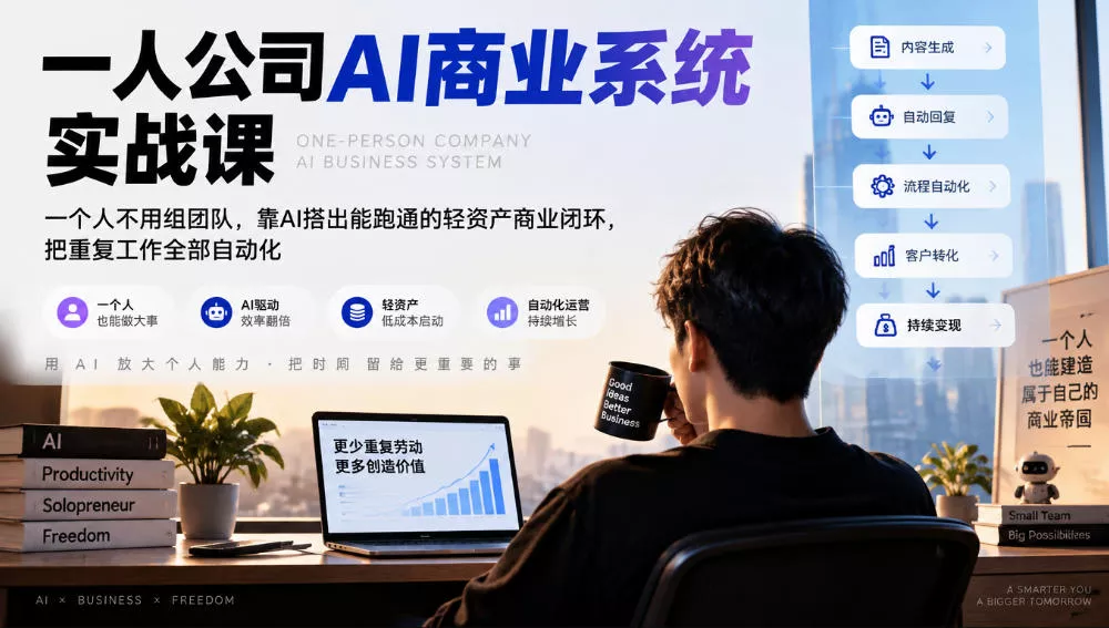 一人公司AI商业系统实战课,一个人不用组团队,靠AI搭出能跑通的轻资产商业闭环,把重复工作全部自动化-33资源网
