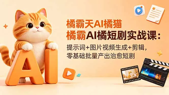橘霸天AI橘猫短剧实战课：提示词+图片视频生成+剪辑，零基础批量产出治愈短剧